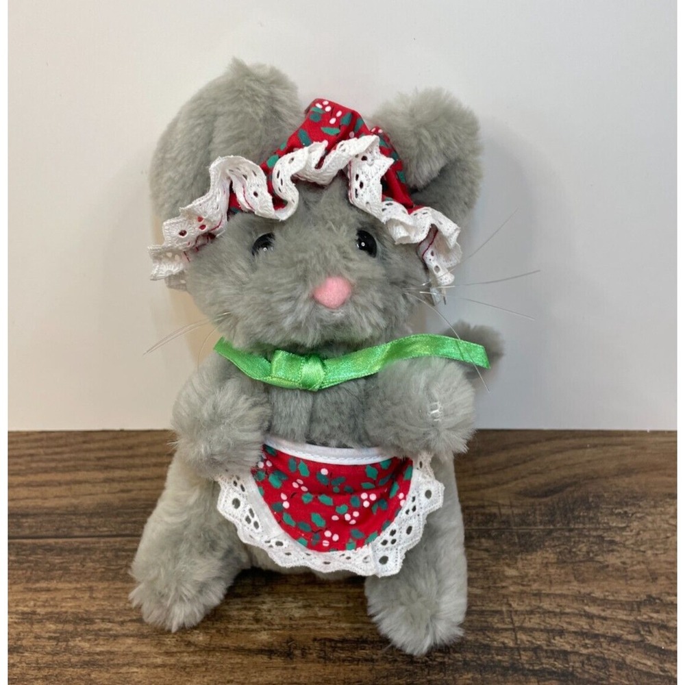 Jerry Elsner 7" Christmas Mouse Stuffed Plush Holly Apron Bonnet Green Bow Girl